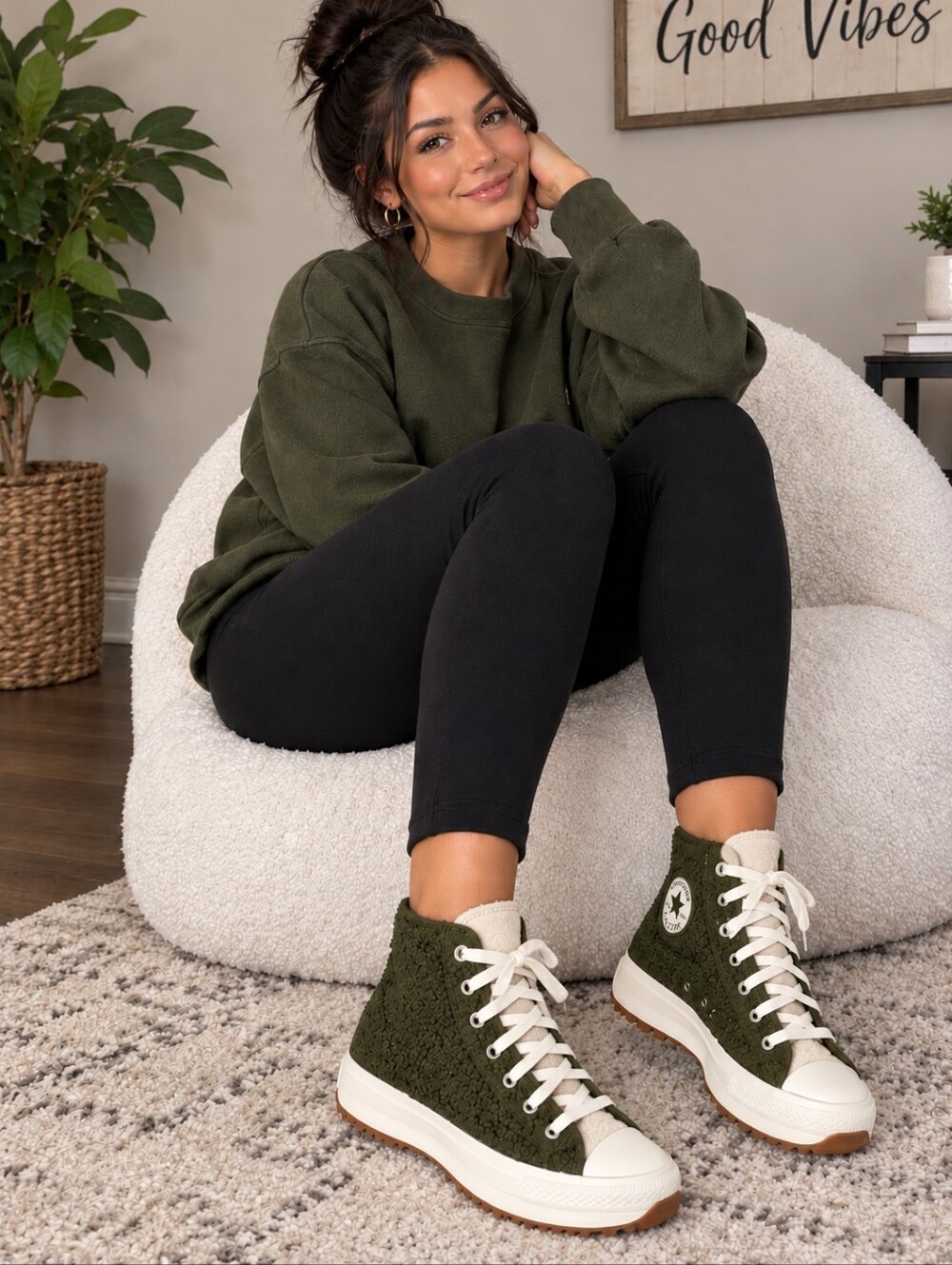 ⭐️NWOB Converse Olive Green Sherpa High-Top Sneakers with Cream Accents⭐️